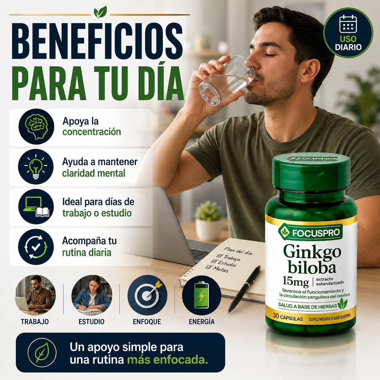 FocusPro Mente Activa - Apoya tu concentración, claridad mental y energía diaria